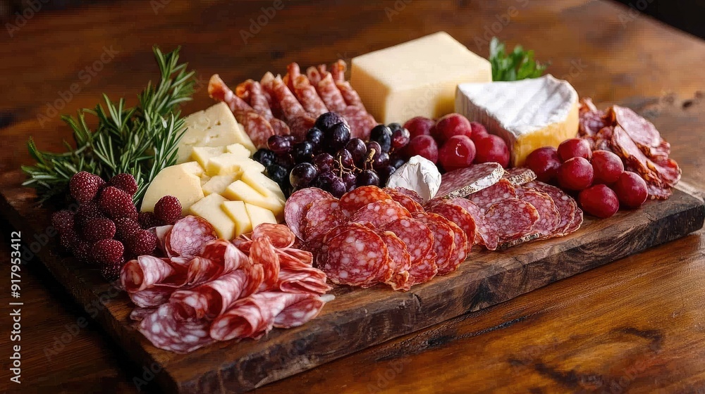 A beautifully arranged charcuterie board with various cheeses, meats, and fruits. A beautifully arranged charcuterie board with various cheeses, meats, and fruits.