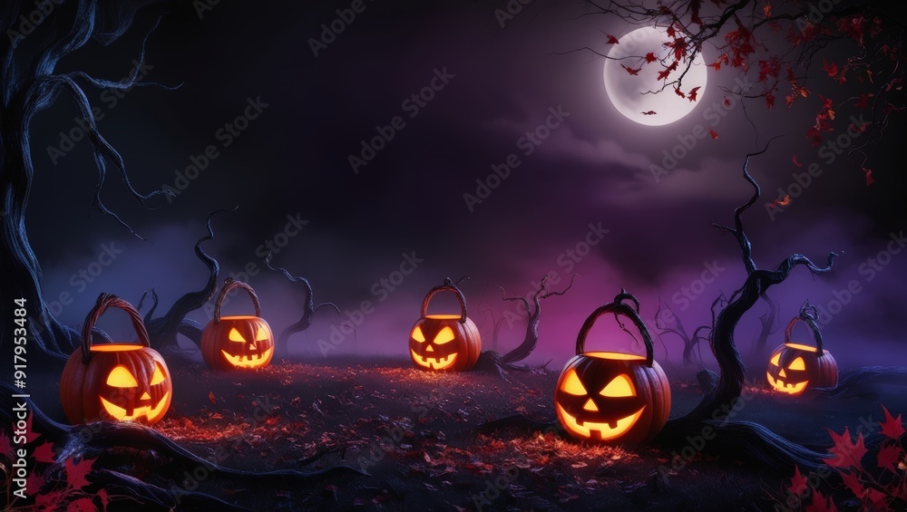 Fototapeta premium Halloween Spooky Nighttime Scene Horizontal Background. Haunted House Background. Pumpkins Background. Halloween party border. Halloween background