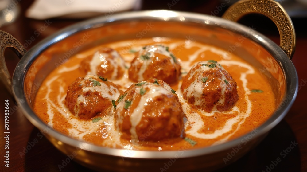 A beautifully presented dish of malai kofta in a creamy tomato sauce. A beautifully presented dish of malai kofta in a creamy tomato sauce.