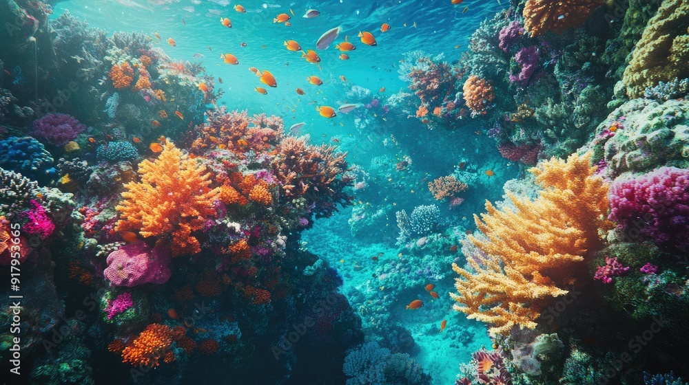 Naklejka premium The vibrant life of a coral reef captured from above, with fish and coral formations creating a stunning underwater landscape.