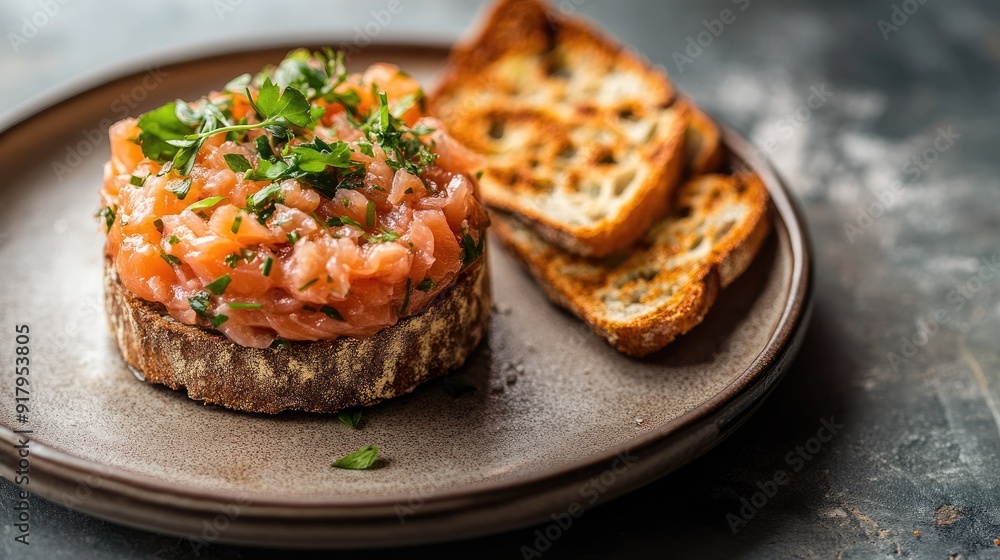 A beautifully presented salmon tartare with herbs and crispy toast on a plate.