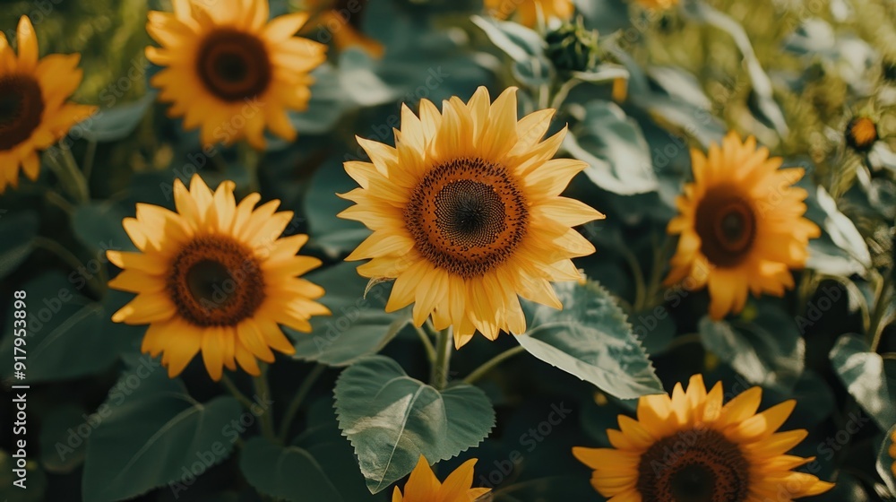 A close-up top view of a sunflower field in full bloom on a sunny day. A close-up top view of a sunflower field in full bloom on a sunny day.