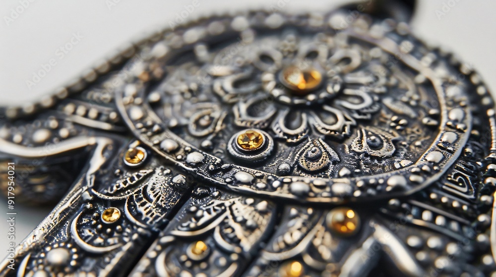 Close-Up of Intricately Designed Hamsa Pendant Highlighting Details and Symbols on White Background Close-Up of Intricately Designed Hamsa Pendant Highlighting Details and Symbols on White Background