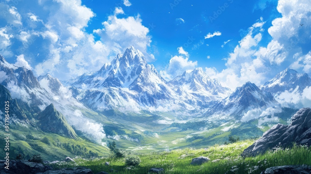 Vista panormica de un paisaje pintoresco, con montaas, praderas y un cielo azul brillante creando una escena serena y hermosa. Vista panormica de un paisaje pintoresco, con montaas, praderas y un cielo azul brillante creando una escena serena y hermosa.