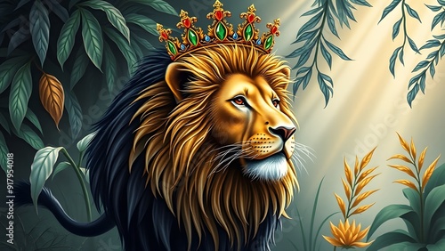 Powerful Lion Wearing Ornate Crown in Dense Jungle - Realistic Illustration