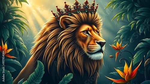 Powerful Lion Wearing Ornate Crown in Dense Jungle - Realistic Illustration