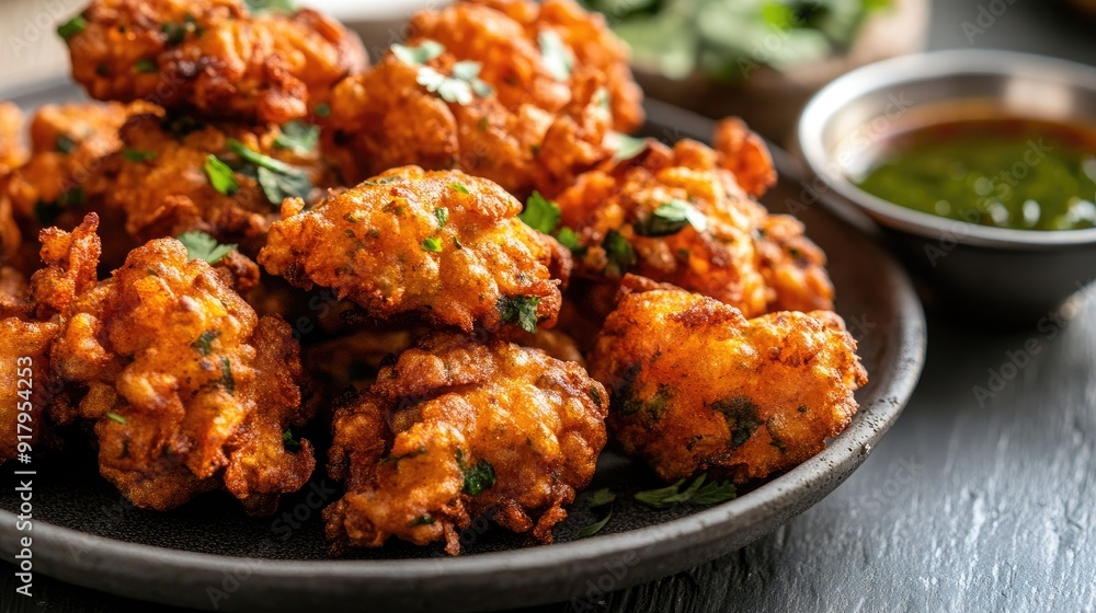 A detailed shot of a plate of pakoras with crispy coating and chutney on the side. A detailed shot of a plate of pakoras with crispy coating and chutney on the side.
