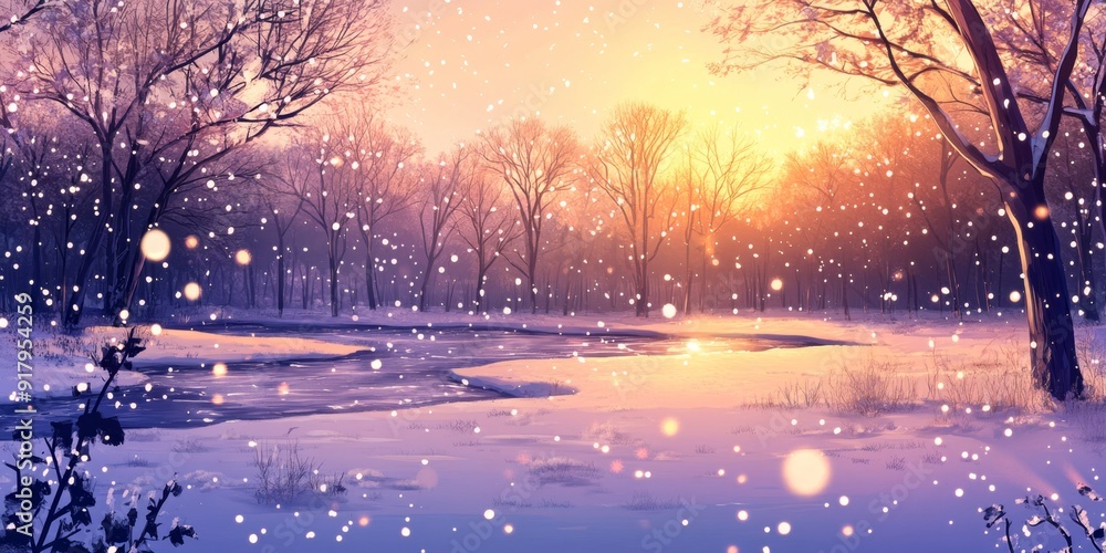 Naklejka premium Serene Anime-Style Winter Landscape: Golden Sunlight Illuminating Snowy Valley and Winding River. Artistic Capture of Nature's Tranquil Beauty. Enchanting Scenery for Cultural Illustrations and Creati
