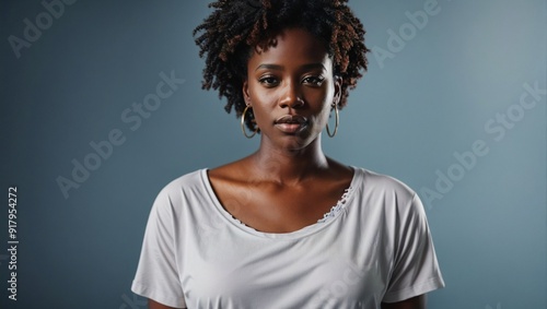 Unshaken Confidence: A young Black woman with natural hair and a captivating gaze, exuding strength and self-assurance against a minimalist backdrop. 