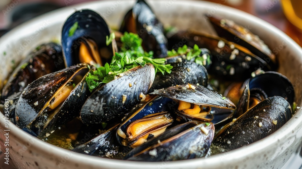 A gourmet dish of mussels in a white wine and garlic broth with fresh parsley. A gourmet dish of mussels in a white wine and garlic broth with fresh parsley.