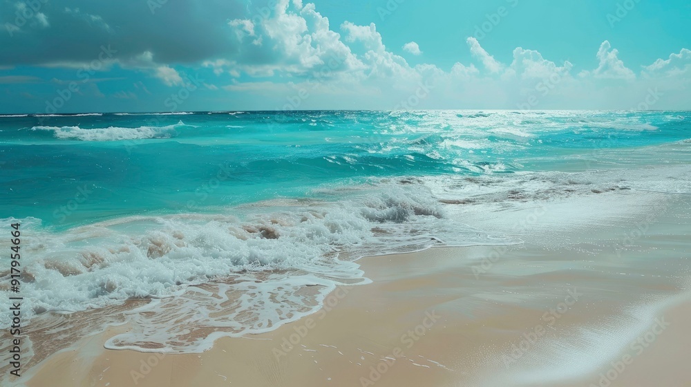 Fototapeta premium A serene beach with turquoise water and gentle waves.