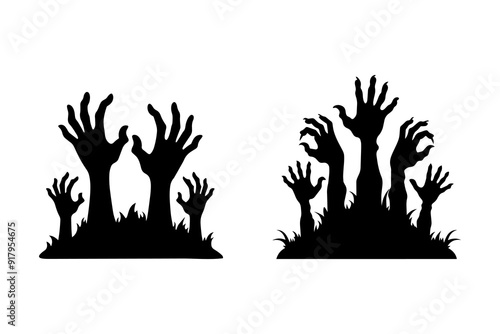Set of zombie hand silhouettes from grave, on white background. Vector