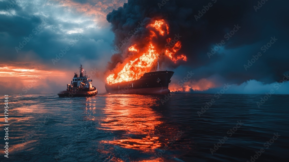A rescue boat heads towards a fuel ship on fire. large cargo ship for logistic import export goods has the explosion and had a lot of fire and smoke at sea A rescue boat heads towards a fuel ship on fire. large cargo ship for logistic import export goods has the explosion and had a lot of fire and smoke at sea