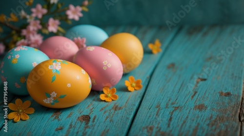 Beautifully embellished Easter eggs displayed on turquoise wood with spring blossoms 