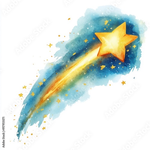 A colorful watercolor depiction of a shooting star with a bright yellow star and a trail of blue and gold, accented by smaller stars, isolated on white background