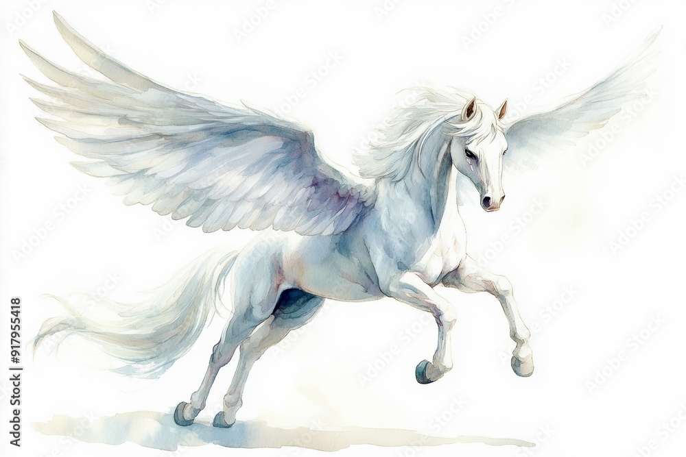 A magnificent white winged horse leaps gracefully, showcasing its ethereal beauty and strength in a dreamy, watercolor style, isolated on white background A magnificent white winged horse leaps gracefully, showcasing its ethereal beauty and strength in a dreamy, watercolor style, isolated on white background