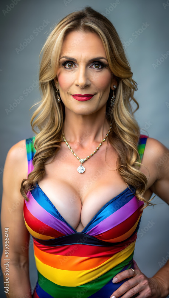 Fototapeta premium A woman with long, wavy hair poses in a colorful rainbow dress, showcasing her confident demeanor and stylish accessories. Generative AI