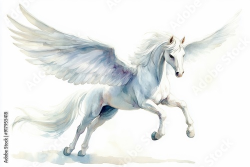 A magnificent white winged horse leaps gracefully, showcasing its ethereal beauty and strength in a dreamy, watercolor style, isolated on white background