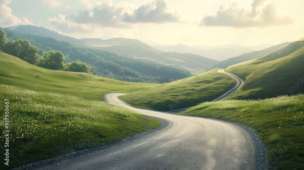 Fototapeta premium A serene countryside scene with rolling hills and a winding road.