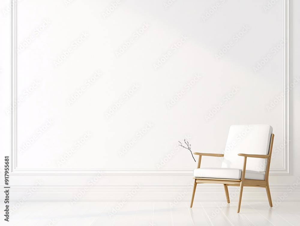 Fototapeta premium The clean interior is decorated with white walls and green plants