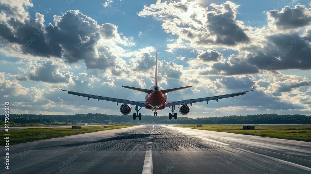 Airplane flying departure take off on a runway airport good weather with a blue sky clouds on a runway. Back view Airplane flying departure take off on a runway airport good weather with a blue sky clouds on a runway. Back view