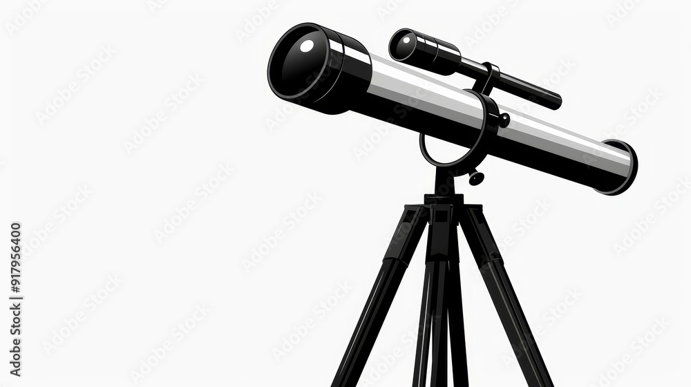 A clean 2D vector of a telescope mounted on a tripod, minimalist and basic, with a plain white background A clean 2D vector of a telescope mounted on a tripod, minimalist and basic, with a plain white background