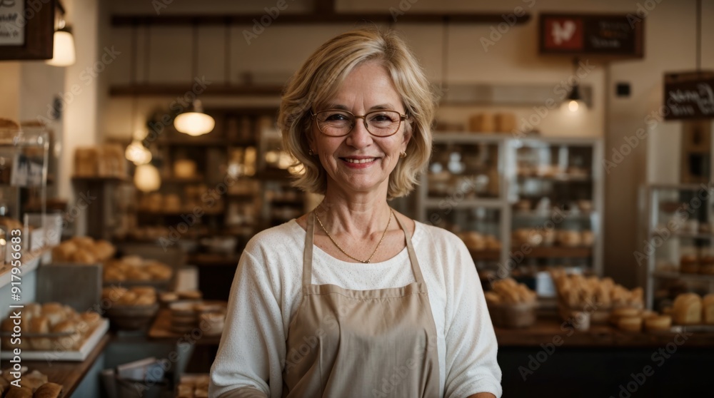 Blissful senior lady with glasses at lovely bakery shop Blissful senior lady with glasses at lovely bakery shop