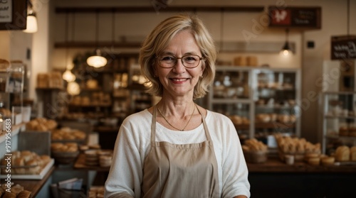 Blissful senior lady with glasses at lovely bakery shop 