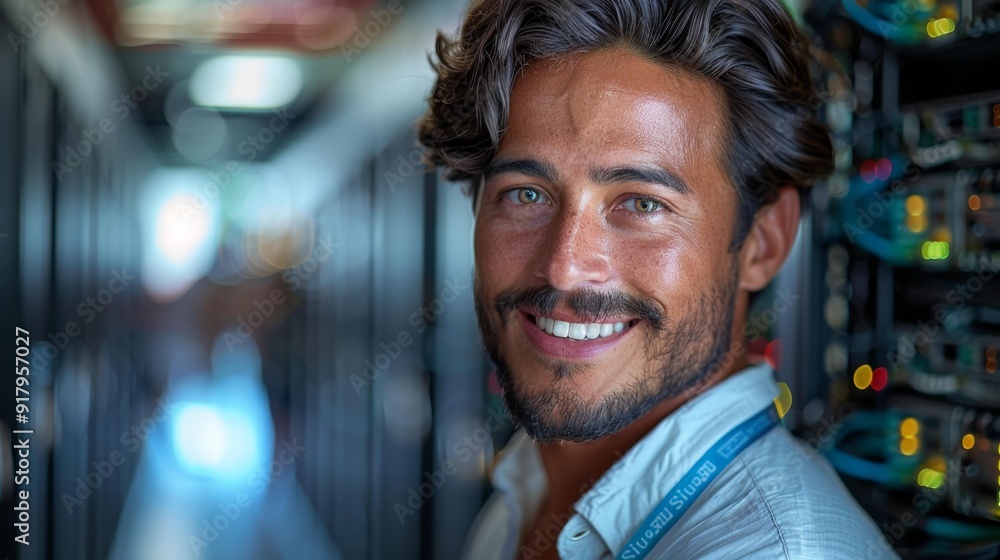 Smiling it technician in data center - generative ai Smiling it technician in data center - generative ai
