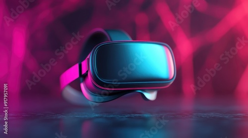 A close-up of a virtual reality headset with neon lights in the background. The modern design and futuristic colors highlight the tech and digital elements of the device. photo