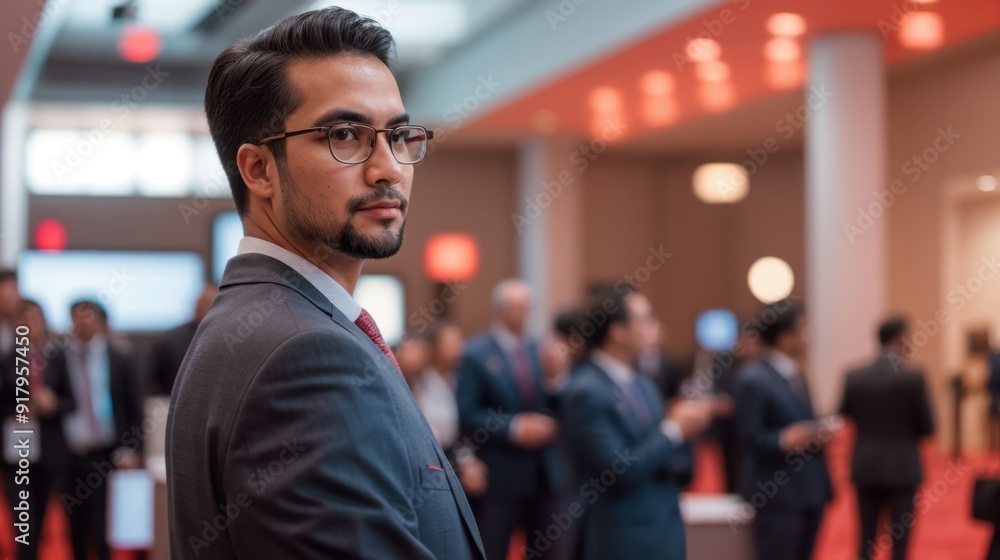 A bespectacled gentleman in sophisticated clothing surveys a crowded meeting space A bespectacled gentleman in sophisticated clothing surveys a crowded meeting space