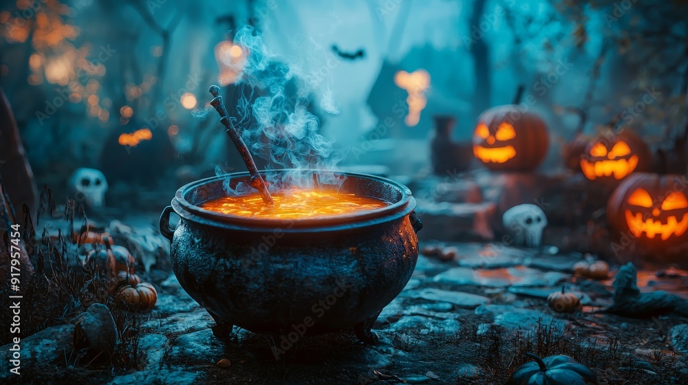 Halloween: A dimly lit, spooky cellar with a cauldron filled with a swirling Halloween: A dimly lit, spooky cellar with a cauldron filled with a swirling