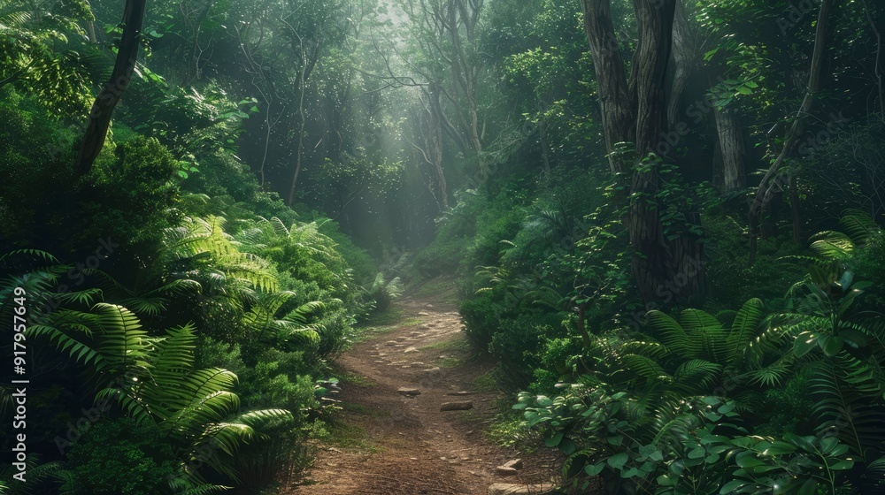Obraz premium A serene forest path winding through dense greenery.