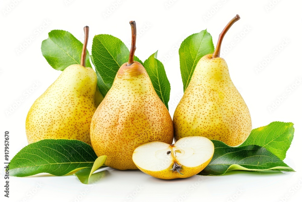 Green yellow pear fruit with pear half and green leaves isolated on white background. Full depth of field, Generative AI Green yellow pear fruit with pear half and green leaves isolated on white background. Full depth of field, Generative AI