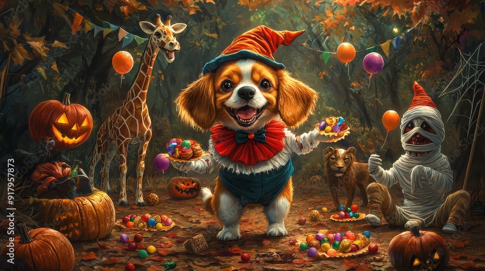 Fototapeta premium A happy dog as a clown, juggling Halloween