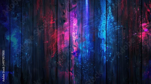 Grunge dark blue wooden background with colorful neon laser lines