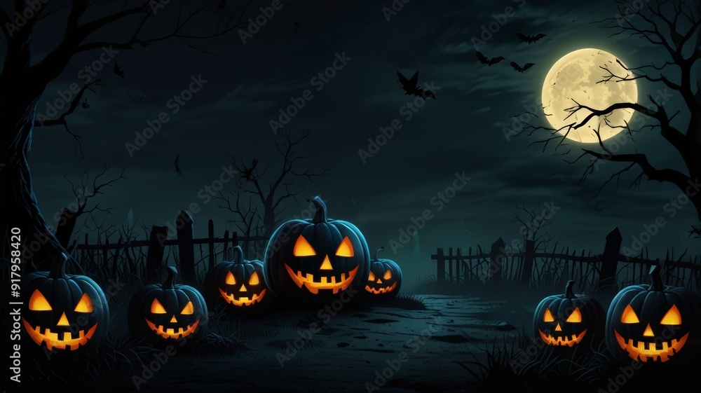 Fototapeta premium Halloween Spooky Nighttime Scene Horizontal Background. Haunted House Background. Pumpkins Background. Halloween party border. Halloween background