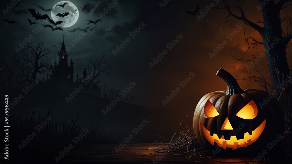 Fototapeta premium Halloween Spooky Nighttime Scene Horizontal Background. Haunted House Background. Pumpkins Background. Halloween party border. Halloween background