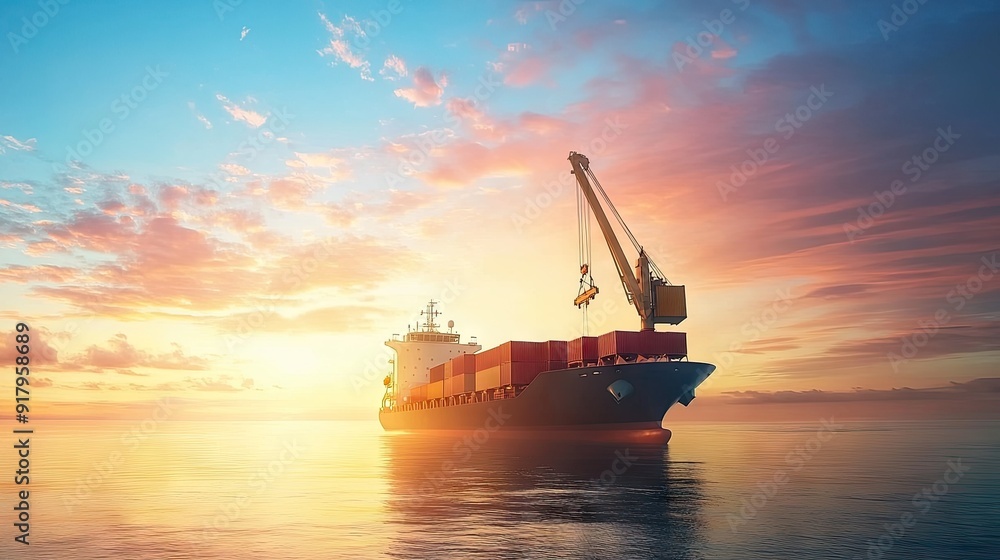Cargo freight ship with crane to shore lift up loading container box in sunrise sky. import and export logistic and transportation concept. Cargo freight ship with crane to shore lift up loading container box in sunrise sky. import and export logistic and transportation concept.