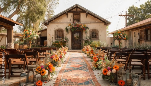 colorful rugs creating a vibrant outdoor wedding backdrop