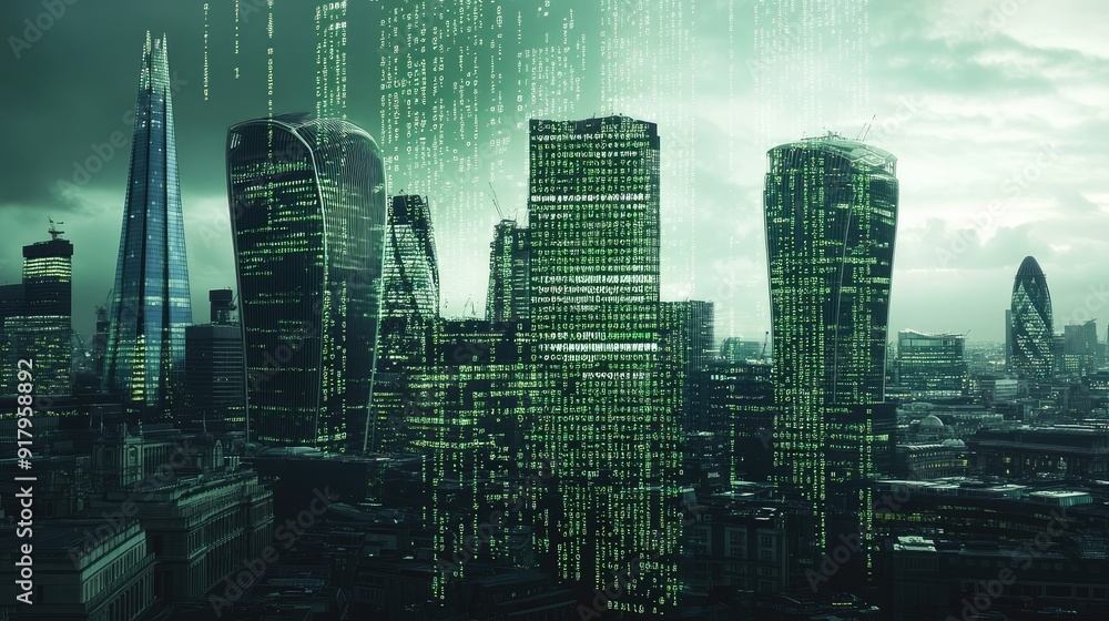 City of London view with with running green code numbers. Financial district skyline covered by digital connections City of London view with with running green code numbers. Financial district skyline covered by digital connections