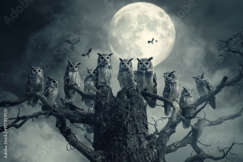 A group of owls in spooky costumes perched on a haunted tree