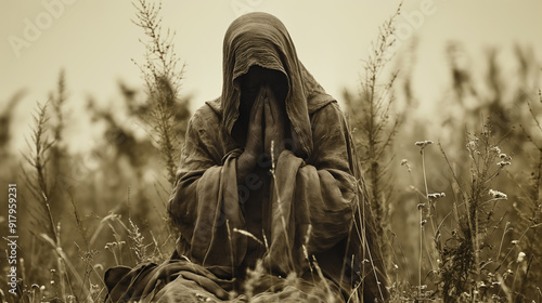 Hooded figure praying in a field with tall grass and wildflowers, shrouded in a sepia-toned atmosphere, evoking a sense of solitude and spirituality.