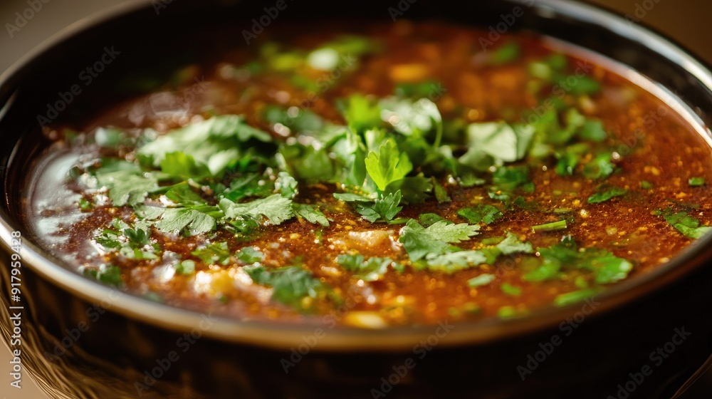 Close-up of a bowl of rasam with a rich broth and fresh coriander. Close-up of a bowl of rasam with a rich broth and fresh coriander.