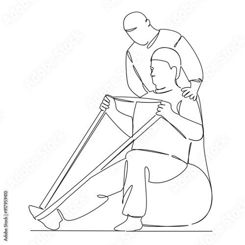 One continuous single drawing line art flat doodle physical therapist, person, physical therapy, patient, recovery, man, indoor, care, photography, two people. Isolated image hand draw contour on a wh