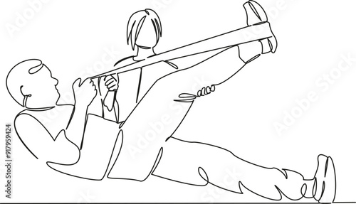 One continuous single drawing line art flat doodle physical therapy, recovery, man, physical therapist, patient, male, person, care, osteopath, doctor. Isolated image hand draw contour on a white back