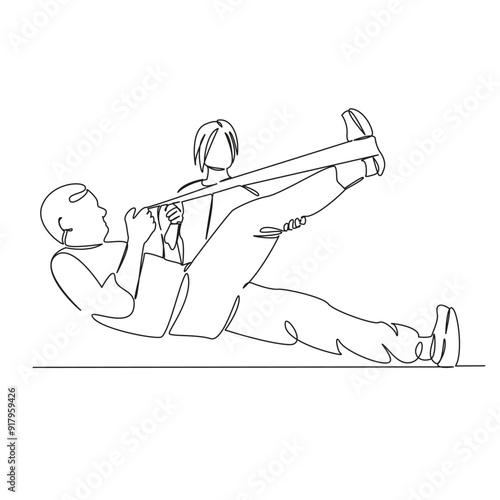 One continuous single drawing line art flat doodle physical therapy, recovery, man, physical therapist, patient, male, person, care, osteopath, doctor. Isolated image hand draw contour on a white back