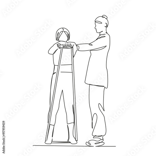 One continuous single drawing line art flat doodle physical therapy, doctor, patient, recovery, chiropractor, people, female, osteopath, physical therapist, woman. Isolated image hand draw contour on 
