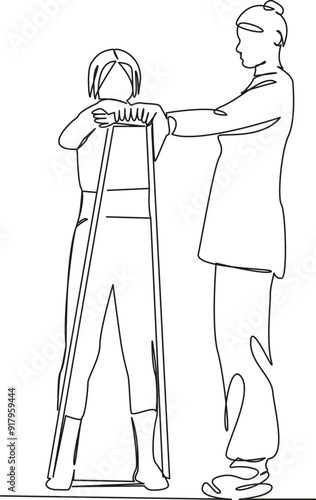 One continuous single drawing line art flat doodle physical therapy, doctor, patient, recovery, chiropractor, people, female, osteopath, physical therapist, woman. Isolated image hand draw contour on 