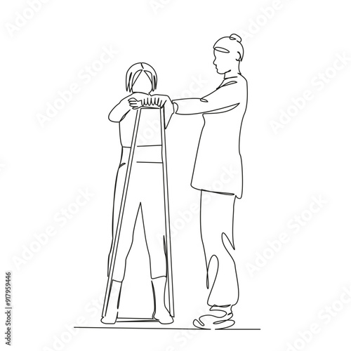 One continuous single drawing line art flat doodle physical therapy, doctor, patient, recovery, chiropractor, people, female, osteopath, physical therapist, woman. Isolated image hand draw contour on 